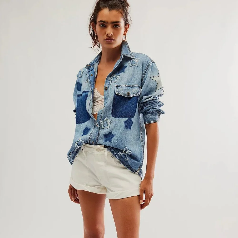 One Teaspoon x Free People Everyday Blue Classic Star Shirt NWT Size XS - Picture 4 of 10